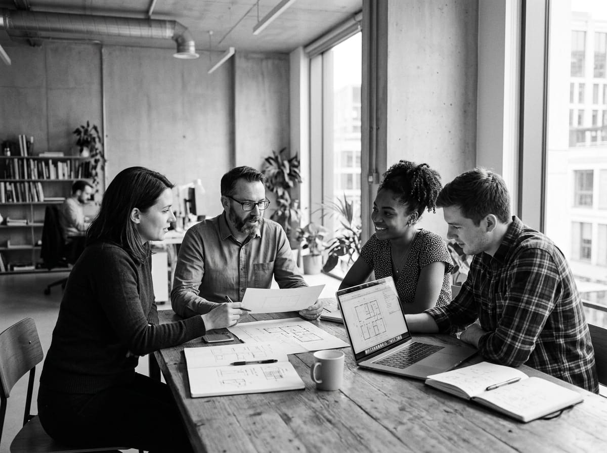 A team gathered around a table reviewing technical documentation