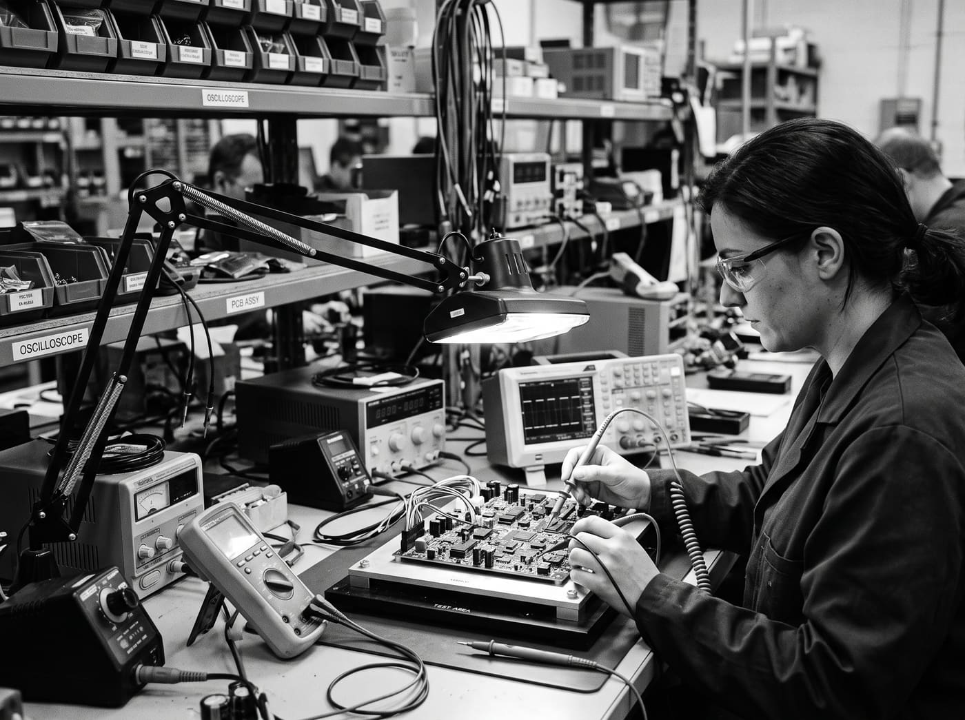 Technician probing a circuit board with an oscilloscope at a test bench