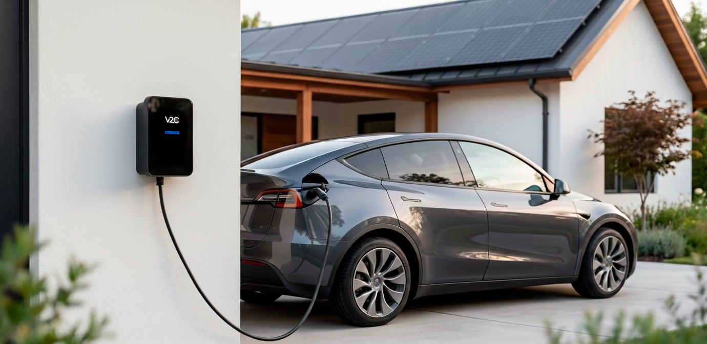 Trydan an der Hauswand lädt ein Elektroauto, dahinter ein Haus mit Solaranlage auf dem Dach