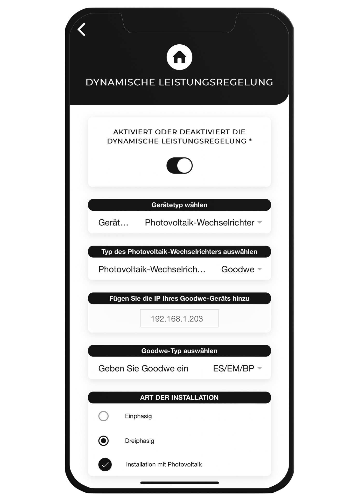 V2C App: dynamische Leistungsregelung mit GoodWe-Wechselrichter, IP-Adresse und Typ ES/EM/BP