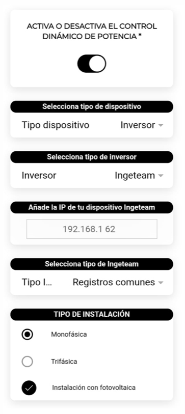 Ajustes control dinámico de potencia con inversor Ingeteam en app V2C Cloud