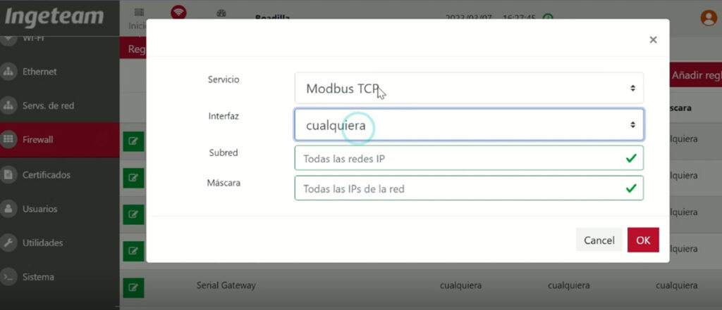 Interfaz de Modbus TCP en Ingecon SUN Monitor