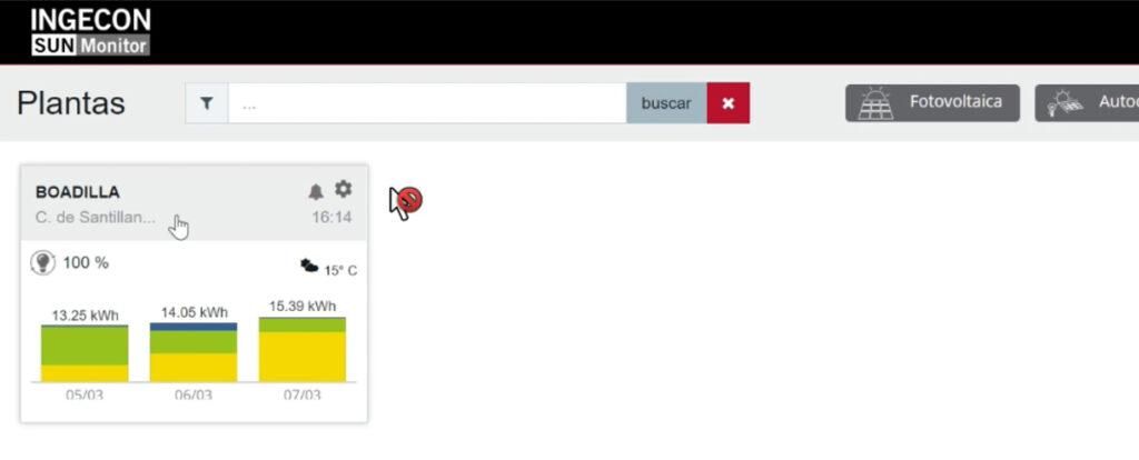 Seleccionar plantas en la web Ingecon SUN Monitor