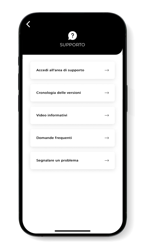 Schermata Supporto Tecnico: offre agli utenti accesso all'area di supporto, alla cronologia delle versioni, ai video informativi e alla possibilità di segnalare problemi.