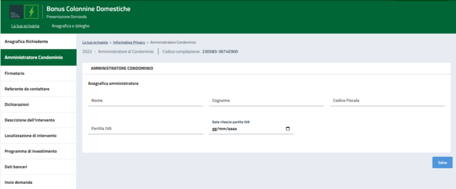Bonus colonnine domestiche 2024: Anagrafica amministratore condominio