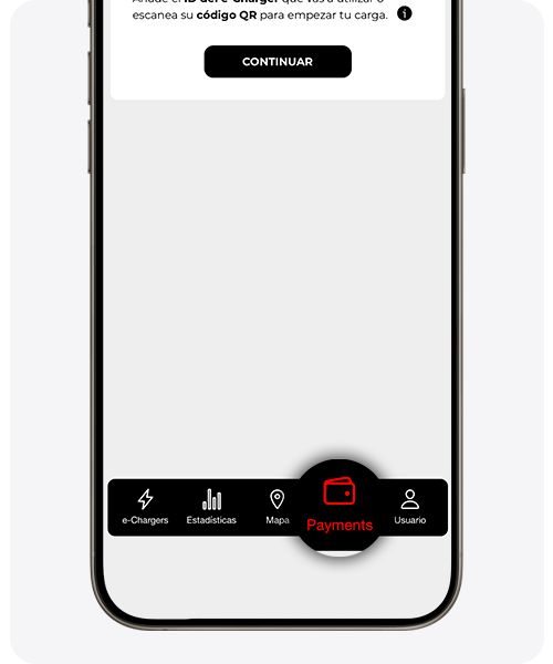 App de V2C con la sección Payments resaltada en la barra inferior