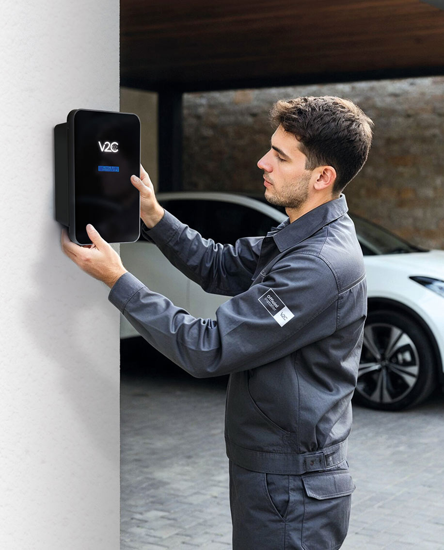 Elektriker im V2C Official Installer Overall montiert Trydan Wallbox an einer Wand neben einem Elektrofahrzeug