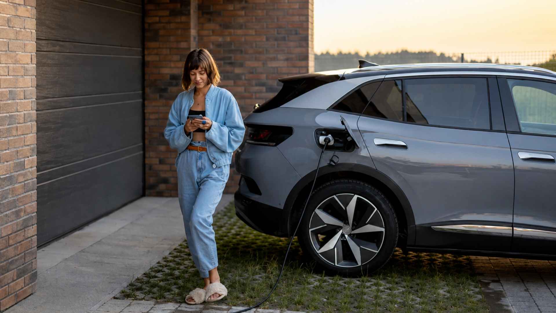 Frau mit Smartphone neben einem grauen E-Auto, das vor dem Haus am Ladekabel lädt