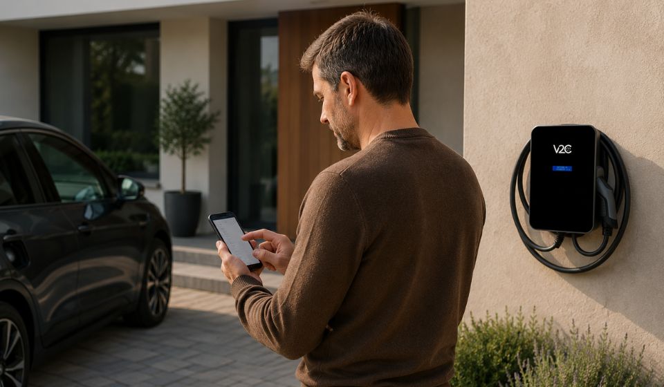 Mann konfiguriert die V2C Trydan Wallbox über die App vor seinem Haus