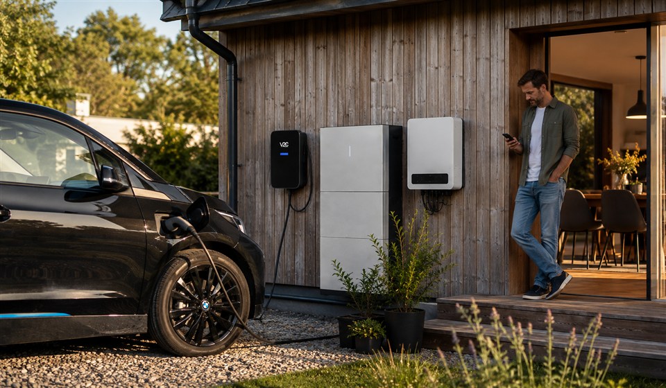 V2C Trydan Wallbox, Hausbatterie und Wechselrichter an der Hauswand, Mann lädt Elektroauto und prüft die App