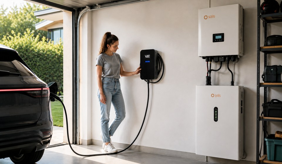 V2C Trydan Wallbox neben Solis-Wechselrichter und Solis-Batteriespeicher in der Garage beim Laden eines Elektroautos