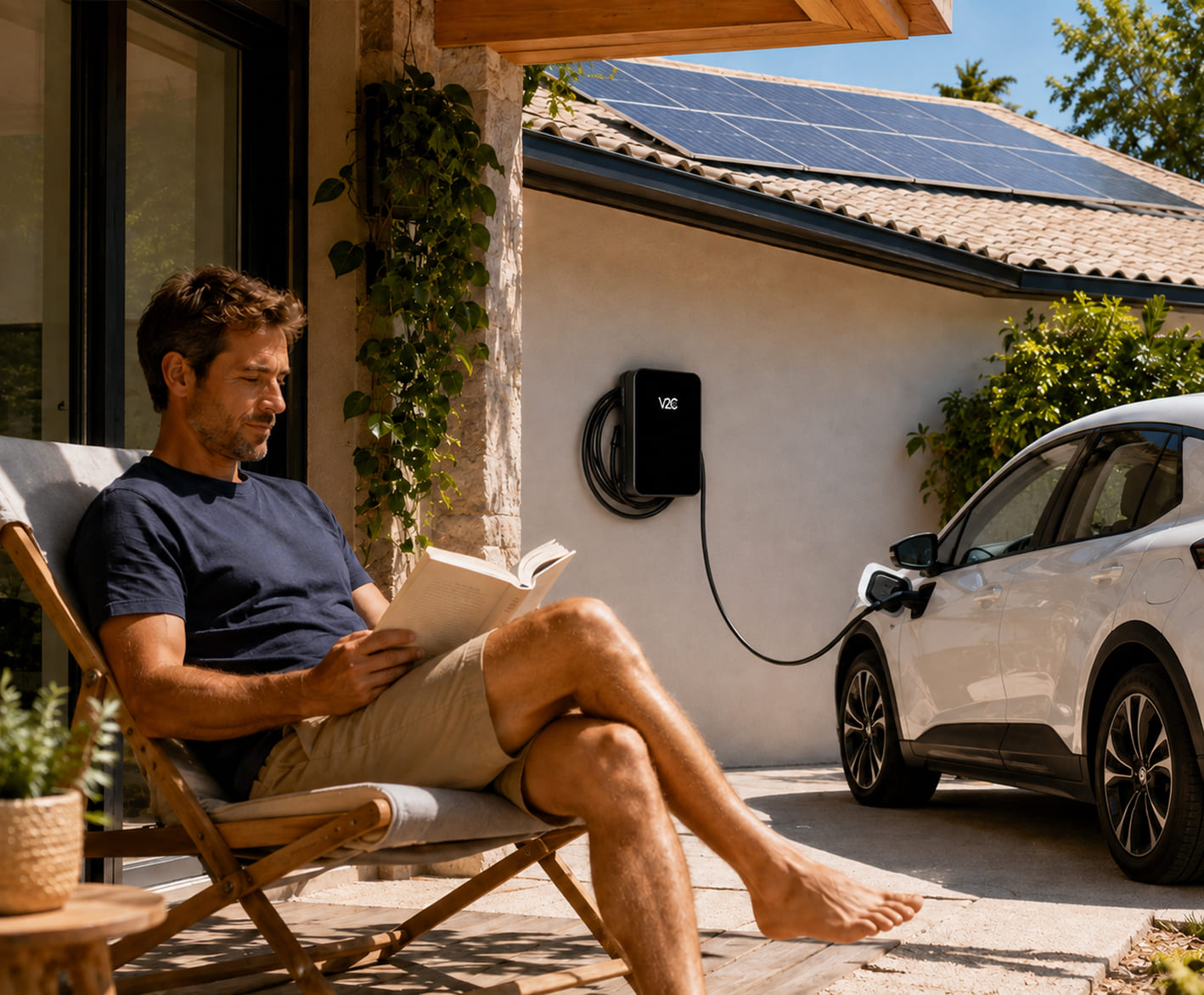 Cargador Trydan de V2C en la fachada de una casa con un coche eléctrico cargando mientras un hombre lee