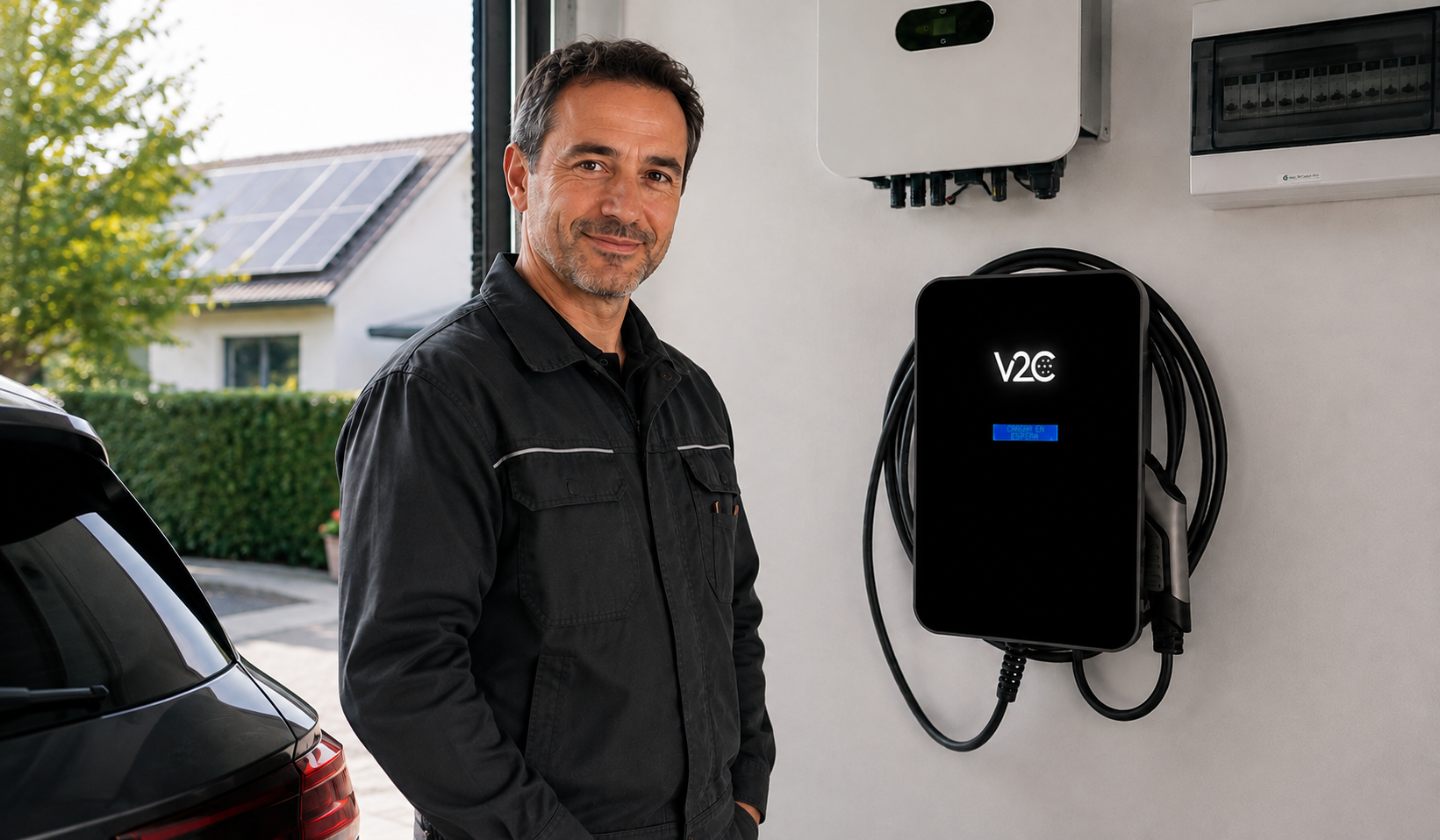 Elektriker steht neben einer montierten V2C Trydan Wallbox an einem Neubau mit Photovoltaikanlage