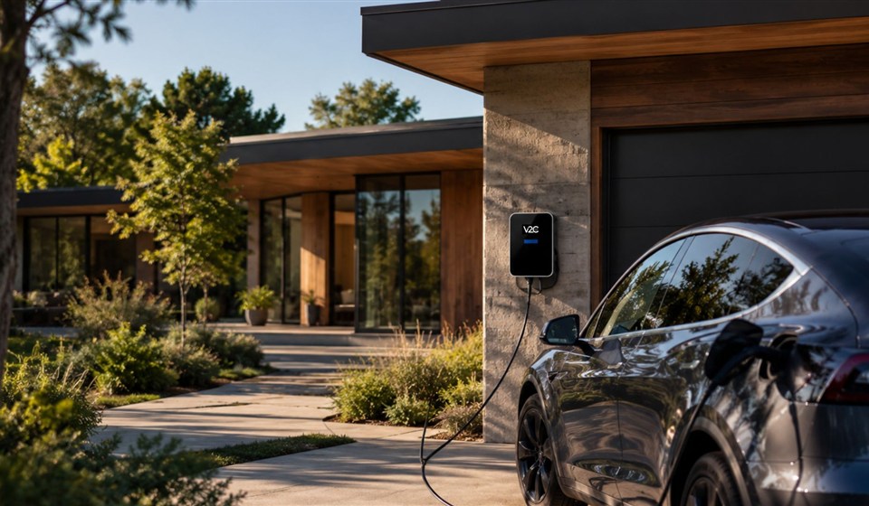 Trydan Wallbox von V2C lädt ein Elektroauto in der Einfahrt eines modernen Hauses