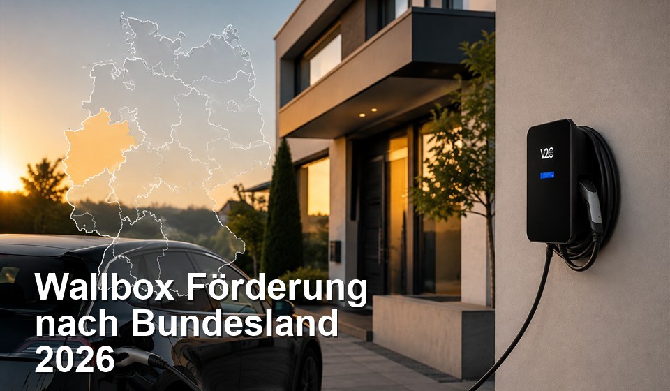 Trydan Wallbox von V2C mit Deutschlandkarte, Nordrhein-Westfalen hervorgehoben, Wallbox Förderung nach Bundesland 2026