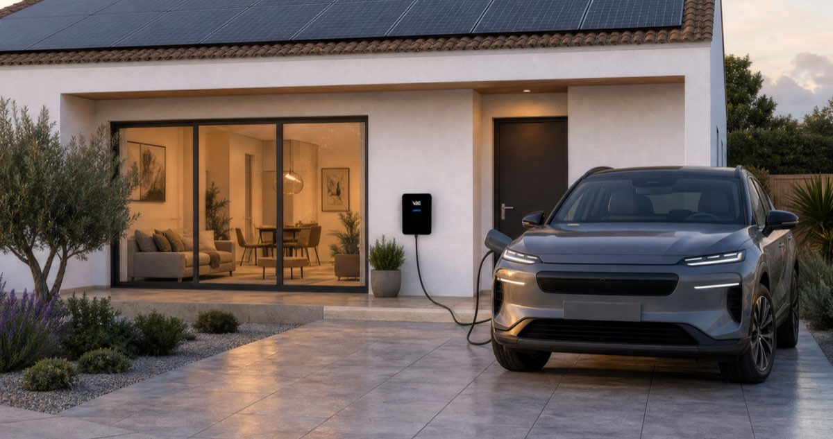 Bonus Colonnine Elettriche 2026: wallbox V2C Trydan installata su casa con pannelli fotovoltaici, auto elettrica in carica