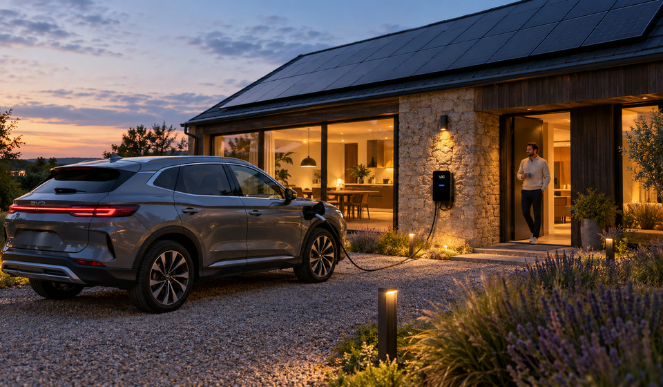 BYD Seal U DM-i lädt an einer V2C Wallbox vor einem Einfamilienhaus mit Solaranlage