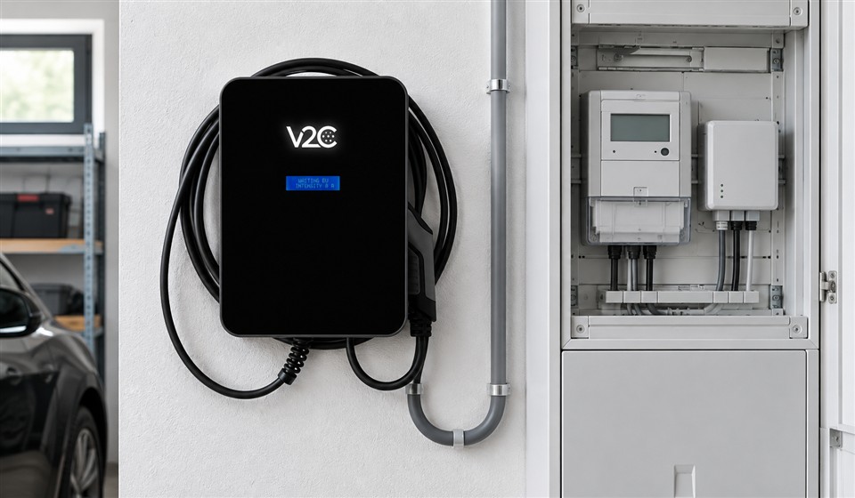 V2C Trydan Wallbox neben einem Zählerschrank mit intelligentem Messsystem und Steuerbox