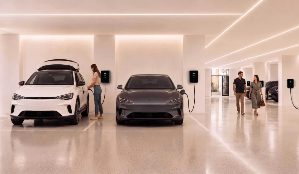 Recarga colectiva V2C Comunidad de vecinos con cargadores de coche eléctrico en el garaje comunitario