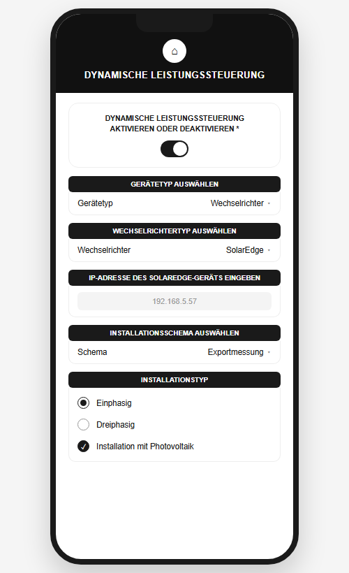 V2C App: Wechselrichtertyp SolarEdge in der dynamischen Leistungssteuerung auswählen
