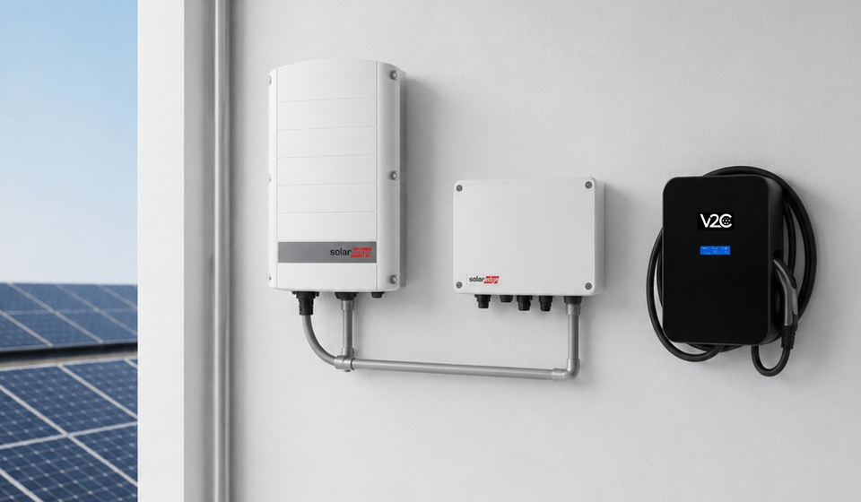 V2C Trydan neben einem SolarEdge-Wechselrichter an der Wand montiert, Solaranlage im Hintergrund