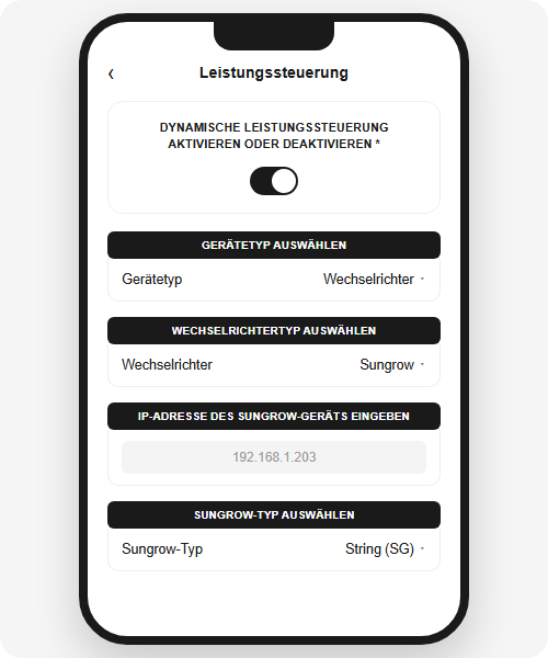 V2C App: Wechselrichtertyp Sungrow in der dynamischen Leistungssteuerung auswählen