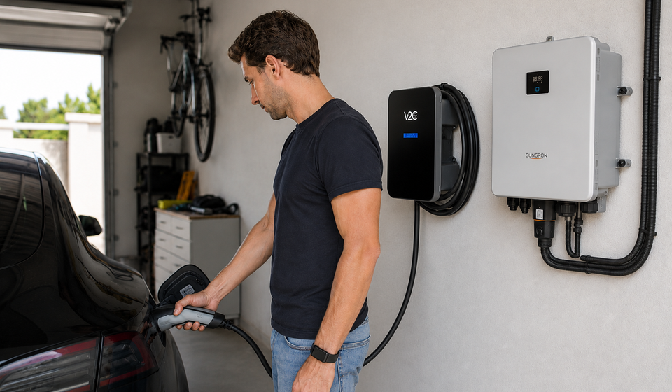 V2C Trydan neben einem Sungrow-Wechselrichter in der Garage montiert, Elektroauto wird geladen