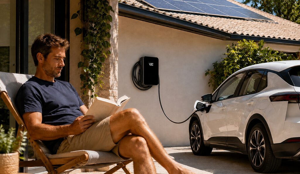 Trydan-Wallbox an der Hauswand lädt ein weißes E-Auto, auf dem Dach eine Photovoltaikanlage