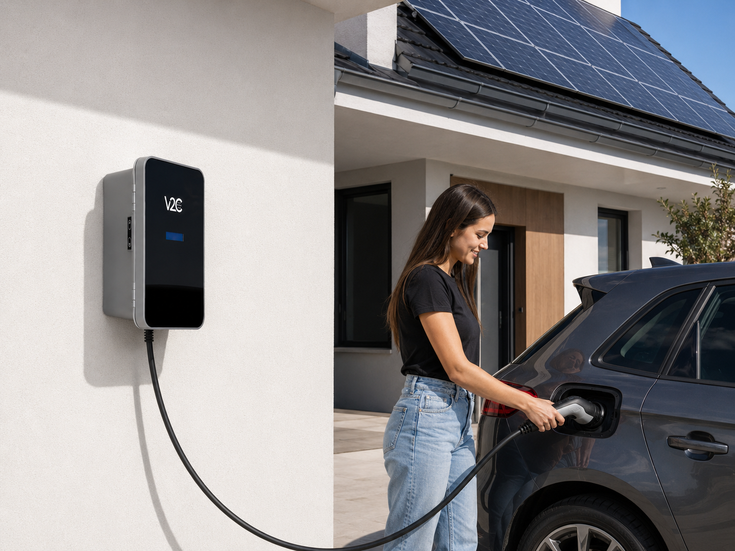 Frau lädt ihr Elektroauto an einer Trydan Wallbox vor einem Haus mit Solaranlage