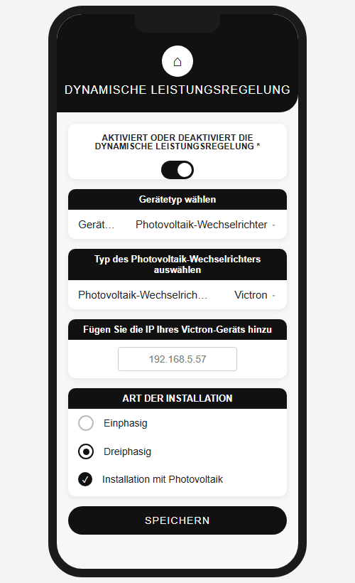 V2C App: Wechselrichtertyp Victron in der dynamischen Leistungsregelung auswählen