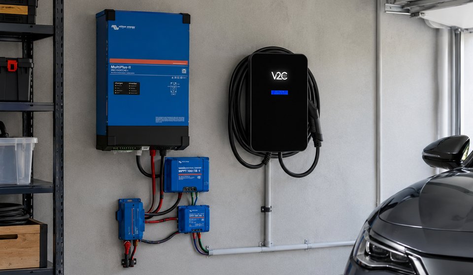 V2C Trydan Wallbox neben Victron MultiPlus-II und MPPT-Ladereglern in der Garage