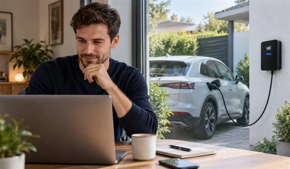 Freiberufler arbeitet im Homeoffice, waehrend im Hintergrund das Elektroauto am Trydan laedt
