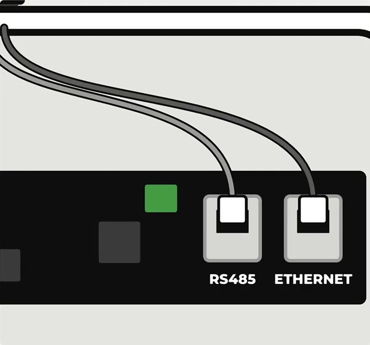 Cables Modbus y Ethernet conectados a los puertos RS485 y Ethernet de la placa de la puerta