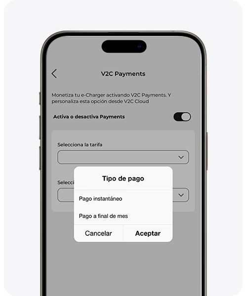 Selector del tipo de pago en la app: pago instantáneo o pago a final de mes