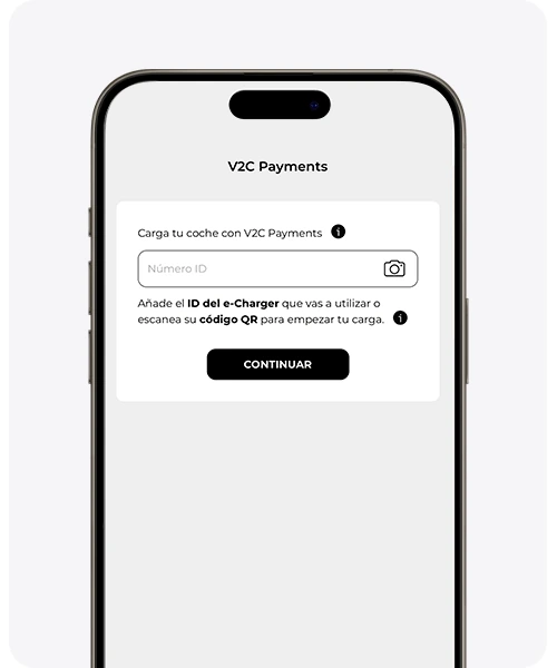 Pantalla V2C Payments con el campo del ID del e-Charger y el botón para escanear el código QR