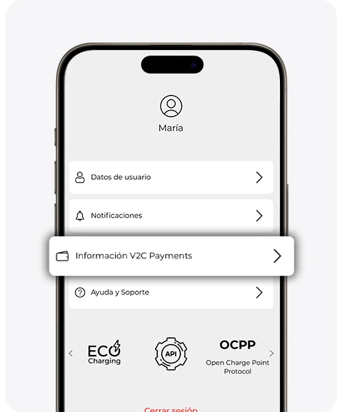 Menú de usuario con el apartado Información V2C Payments