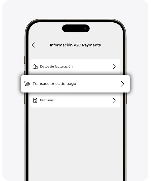 Información V2C Payments con los apartados Datos de facturación, Transacciones de pago y Facturas