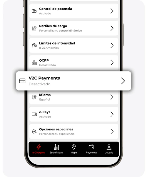 Menú de configuración del cargador con el apartado V2C Payments
