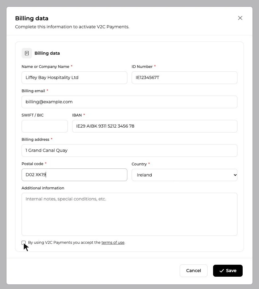Formulario de datos de facturación con nombre, NIF, email, IBAN, dirección, código postal y país