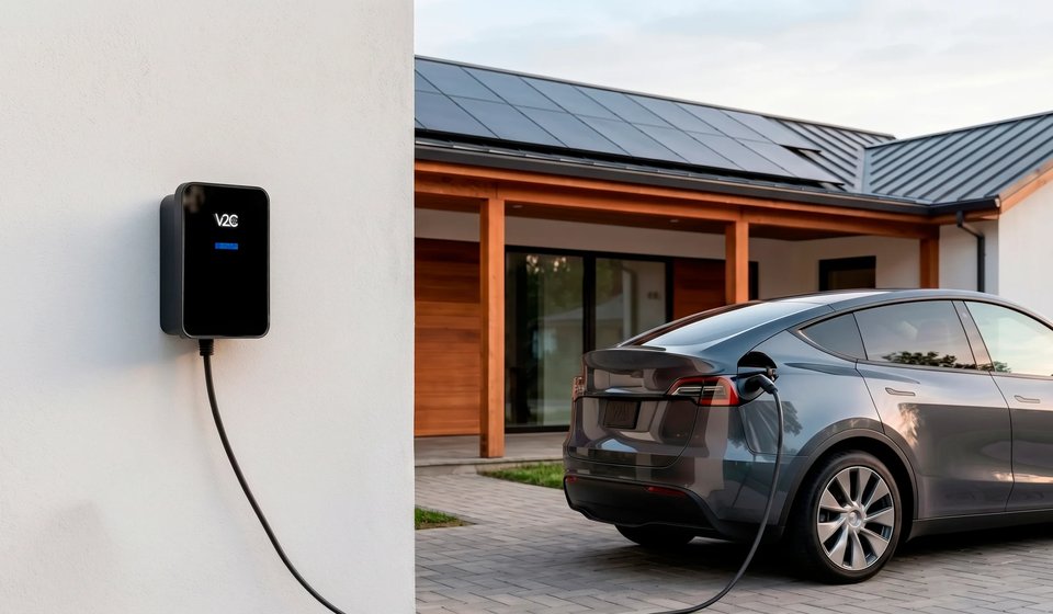 Wallbox V2C Trydan a parete con auto elettrica in ricarica davanti a una casa con pannelli solari