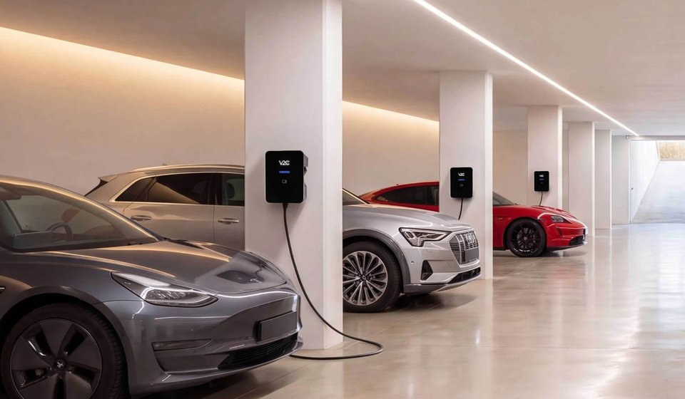 Garage condominiale con più auto elettriche in ricarica su wallbox V2C