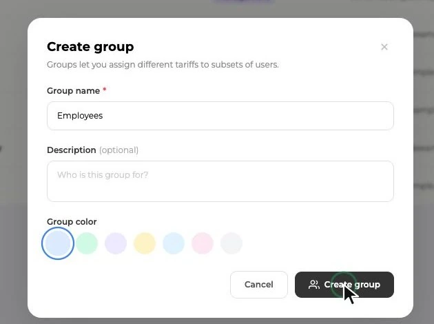 Ventana Crear grupo con nombre, descripción y color