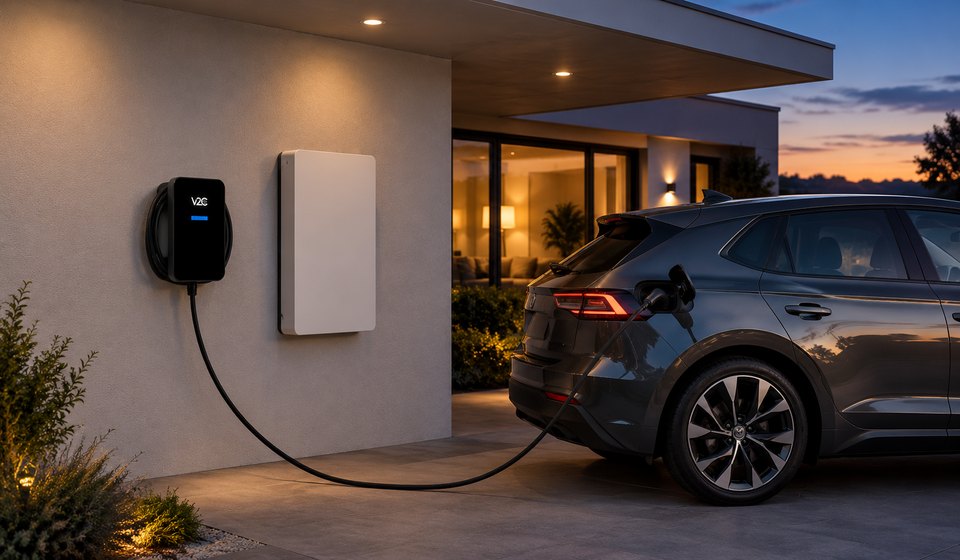Trydan Wallbox und weißer Batteriespeicher an der Hauswand in der Abenddämmerung, ein Elektroauto lädt am Kabel der Wallbox