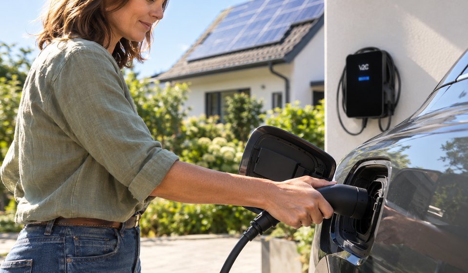 Frau steckt den Ladestecker in ein E-Auto, im Hintergrund ein Haus mit PV-Anlage und eine V2C Trydan Wallbox