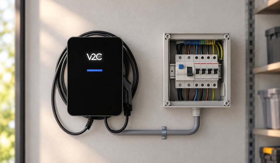 Wallbox Trydan neben einem geöffneten Unterverteiler mit FI-Schutzschalter an einer Garagenwand