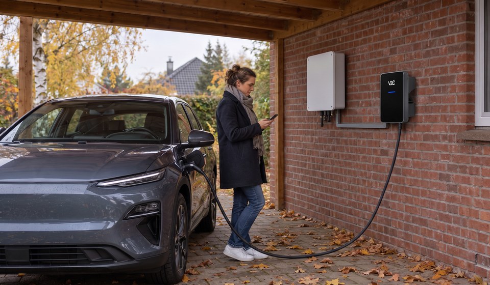 Carport an einem Klinkerhaus im Herbst: Trydan Wallbox und weißer Wechselrichter an der Wand, eine Frau mit Smartphone neben dem ladenden Elektroauto