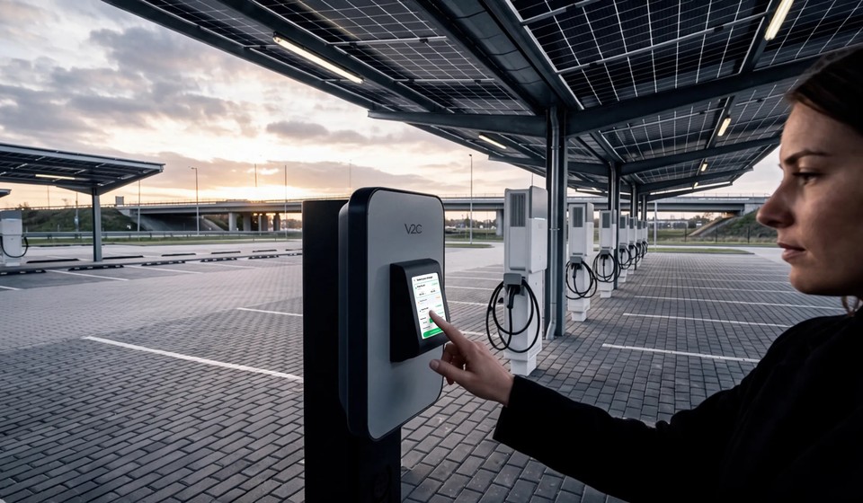 Una conductora toca la pantalla del terminal de pago Nexo, montado sobre poste, para elegir cargador en un aparcamiento con marquesina solar