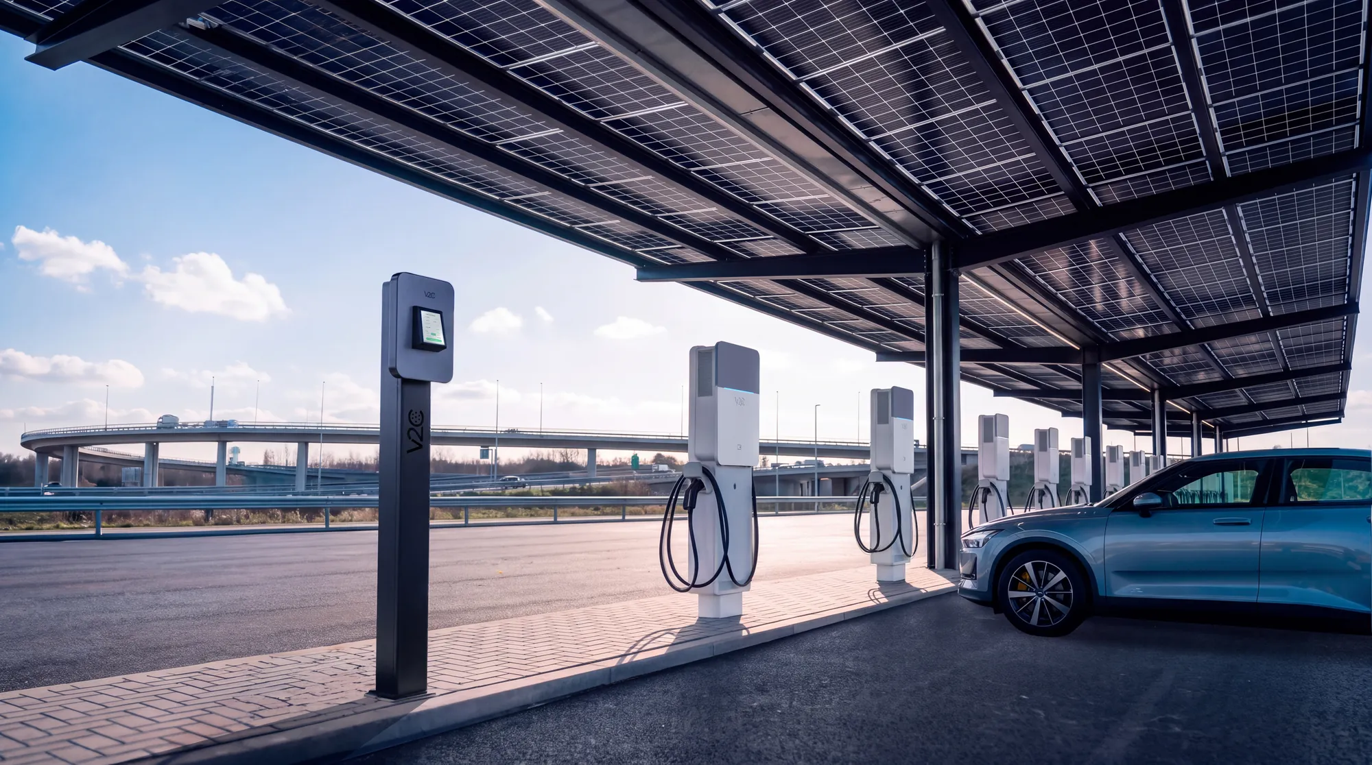 Terminal płatniczy Nexo na słupku na parkingu publicznym, obok rzędu ładowarek pod wiatą fotowoltaiczną i zaparkowanego samochodu elektrycznego