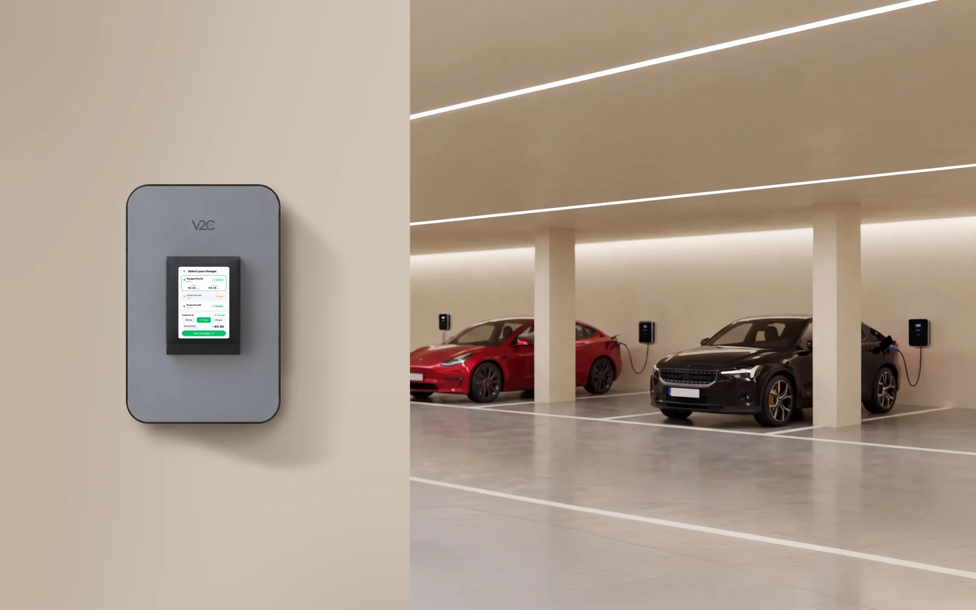 Terminal płatniczy Nexo przymocowany do ściany zadaszonego garażu, w głębi dwa samochody elektryczne ładujące się na swoich miejscach