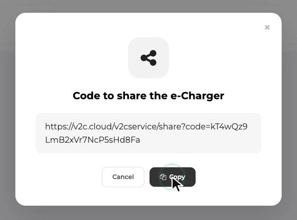 Ventana Código para compartir el e-Charger con el enlace y el botón Copiar